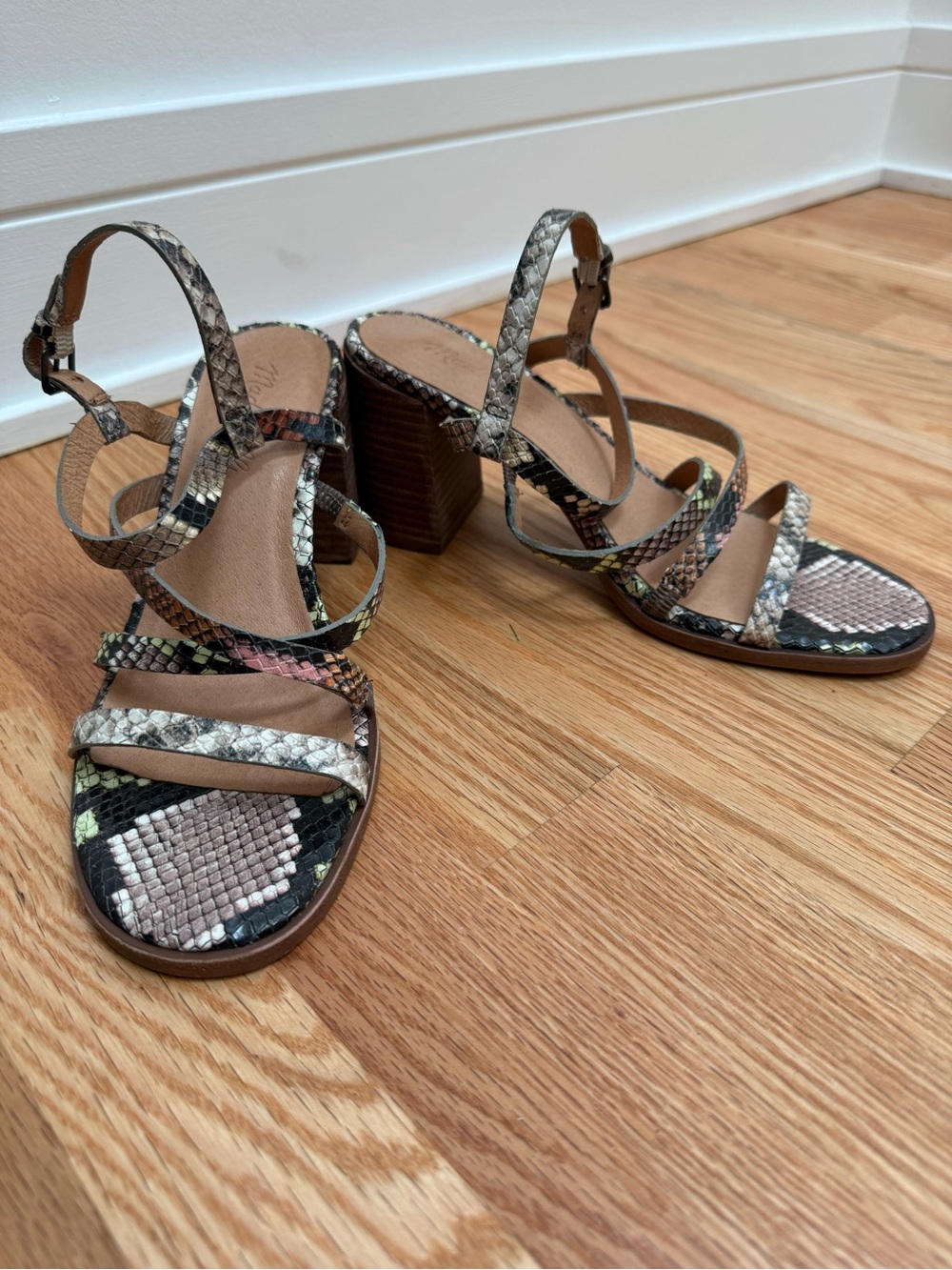 Madewell Strappy Snake-Print Block Heel Leather Sandals in Multi-Color 7
